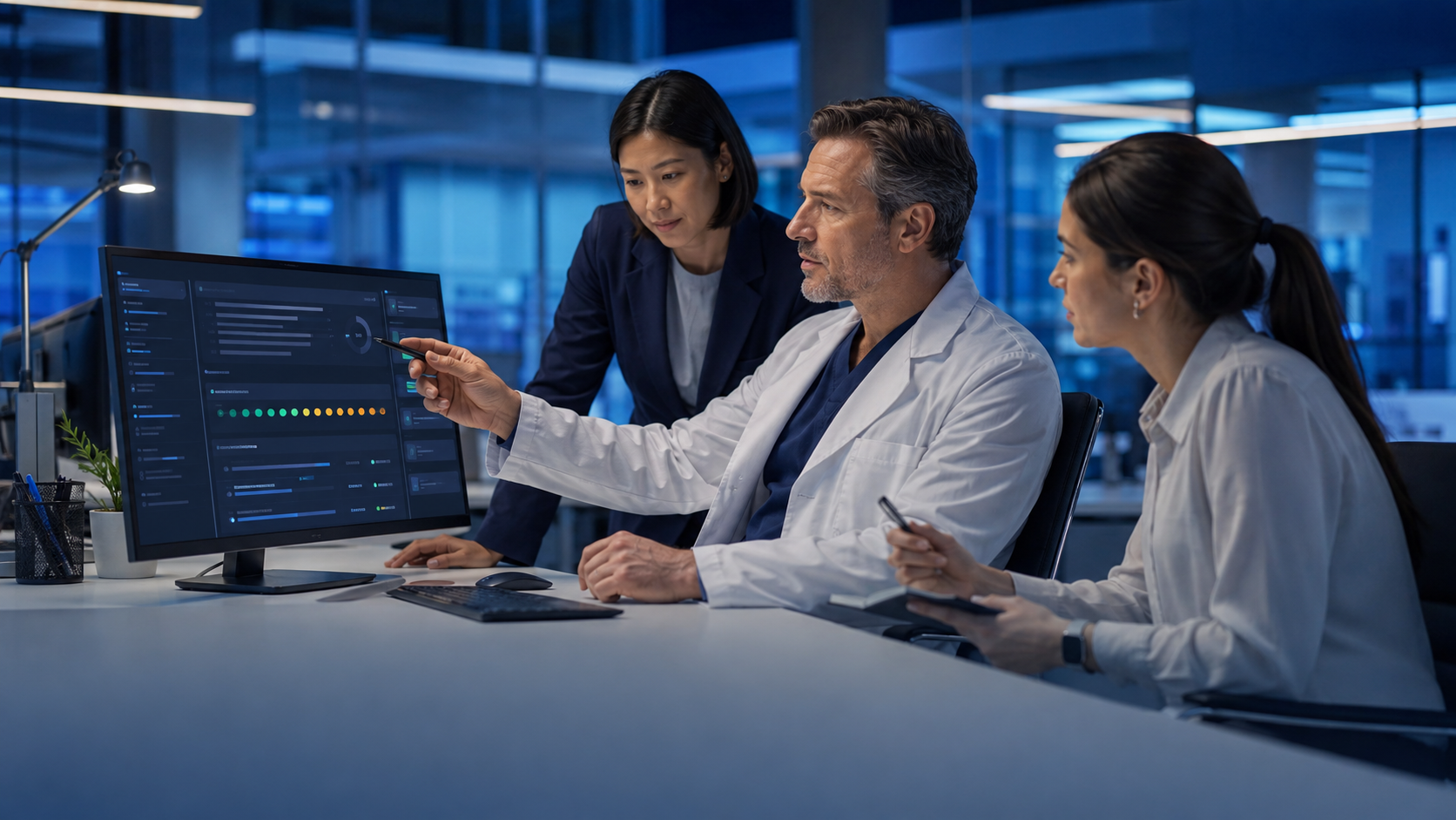 Physicians and AI operations team reviewing a model evaluation dashboard