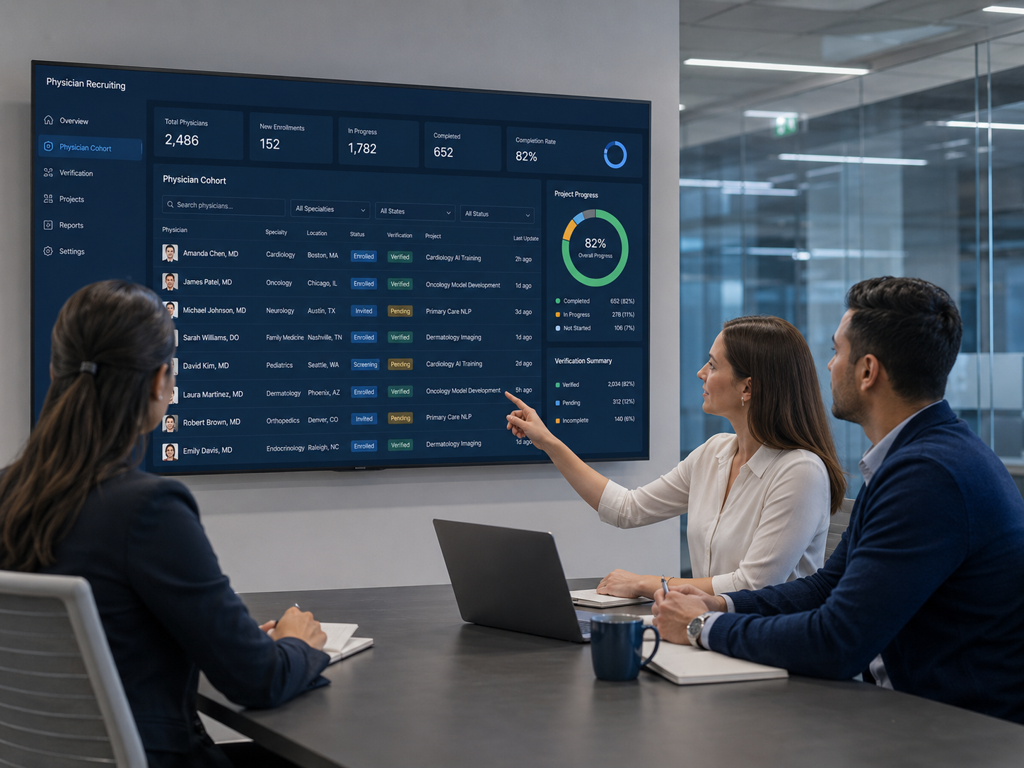 Healthcare recruiting operations professional reviewing a physician cohort dashboard
