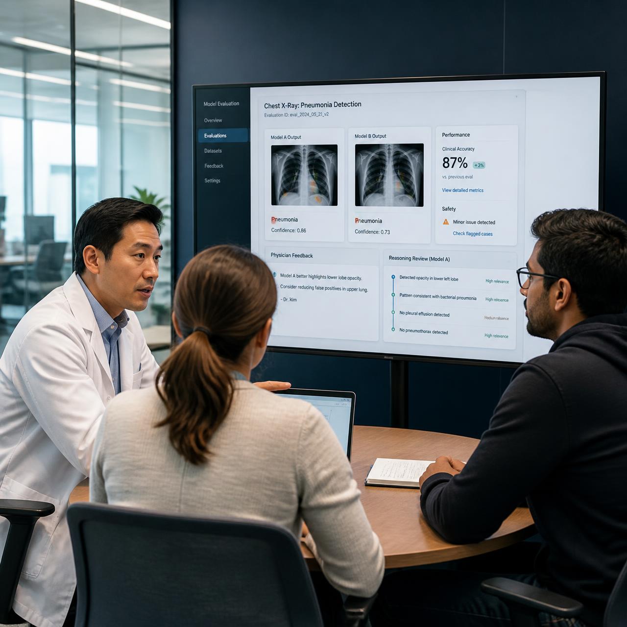 Physician, product leader, and data scientist reviewing an AI evaluation dashboard