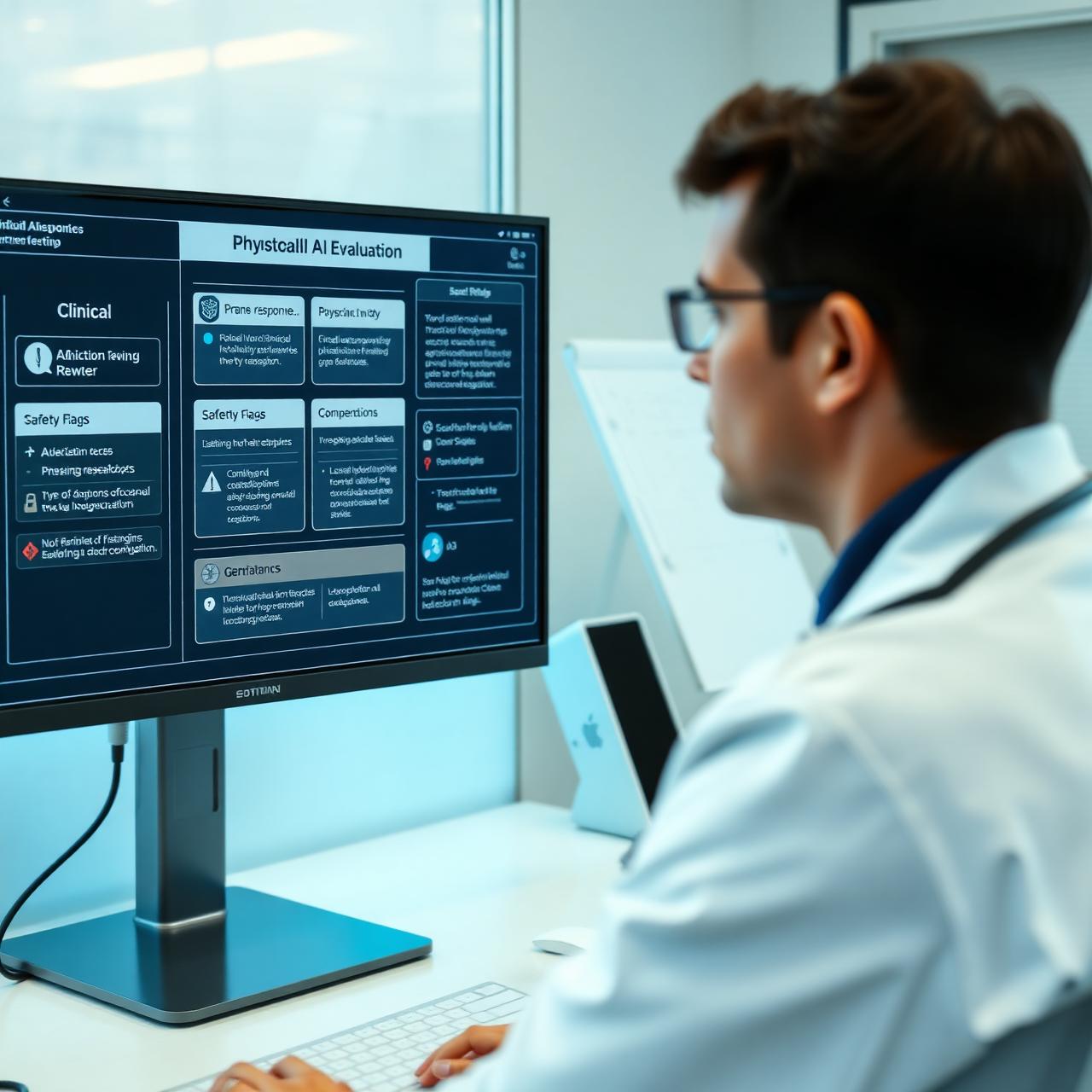 Physician evaluating an AI-generated clinical response on a professional workstation