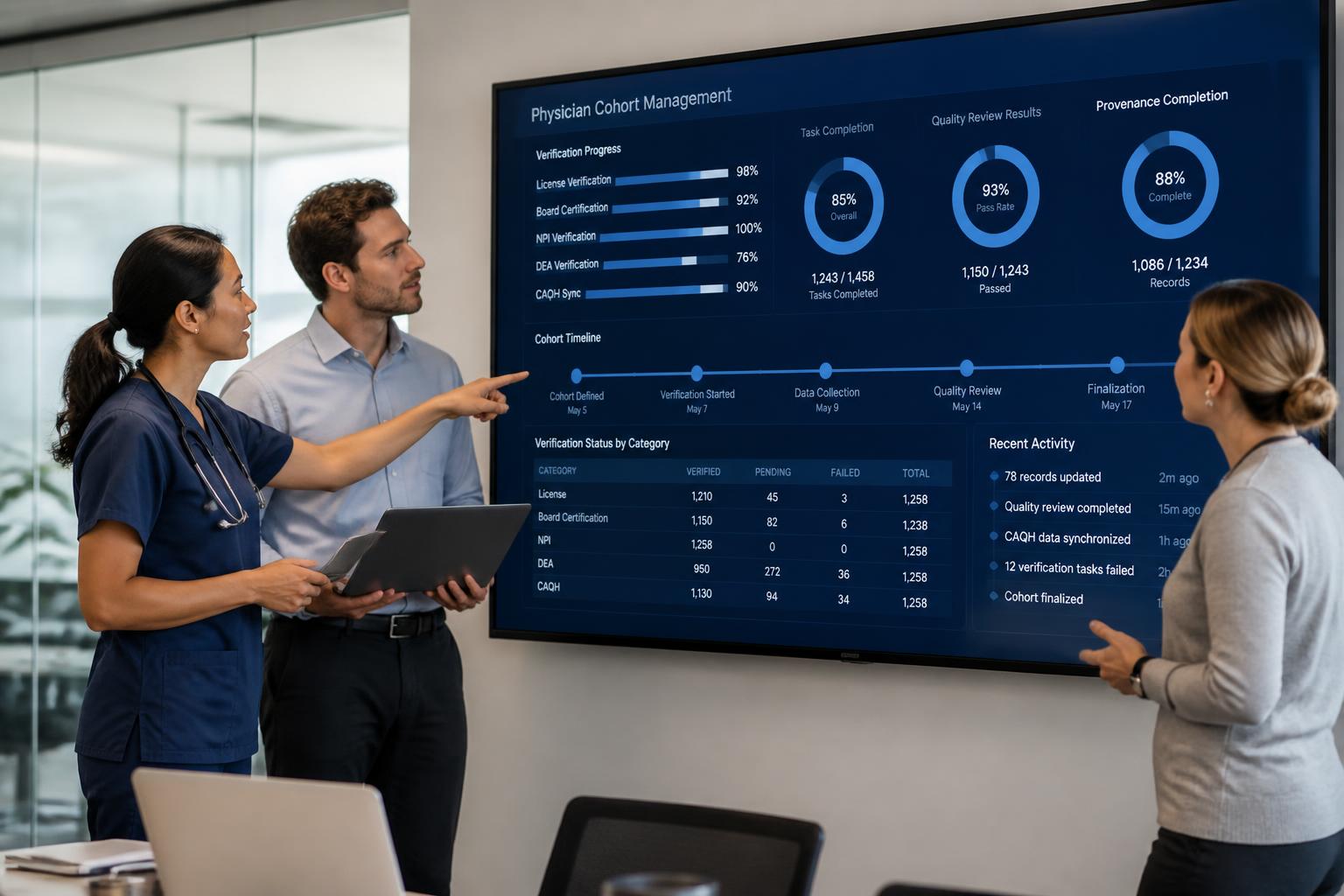Physician, AI product leader, and operations lead reviewing a physician cohort dashboard