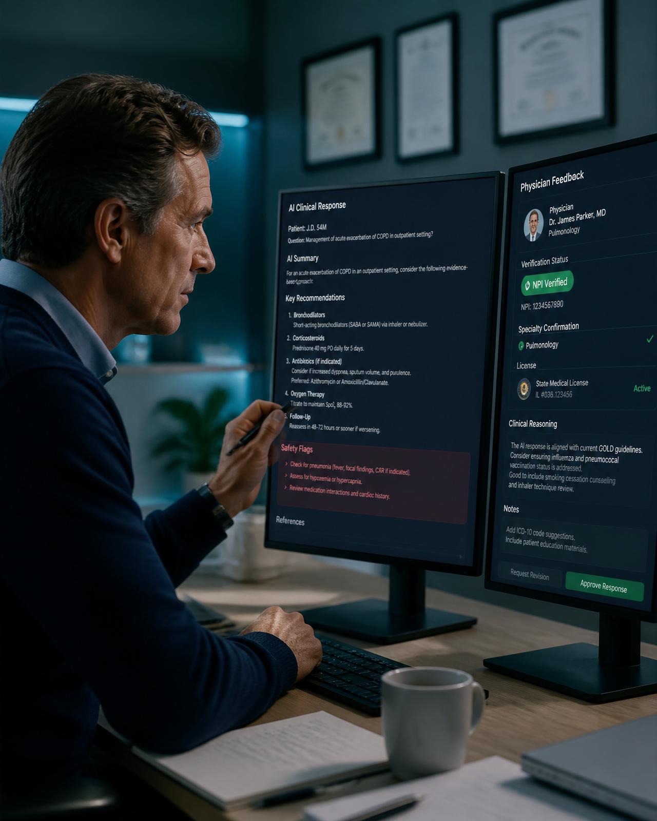 Physician reviewing an AI-generated clinical answer on a dual-monitor workstation